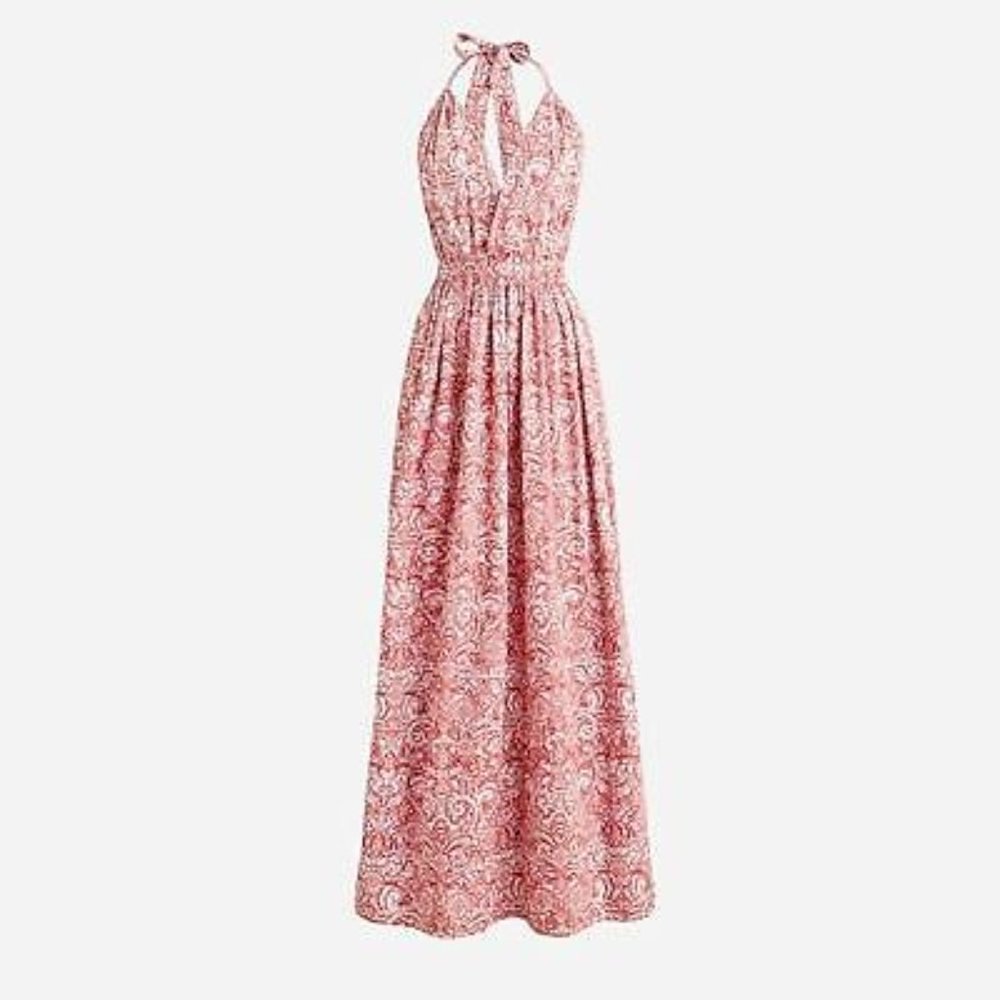 J Crew Collection Halter-neck Cotton Poplin Maxi Dress Open Back in Pink Paisley - Picture 3 of 3